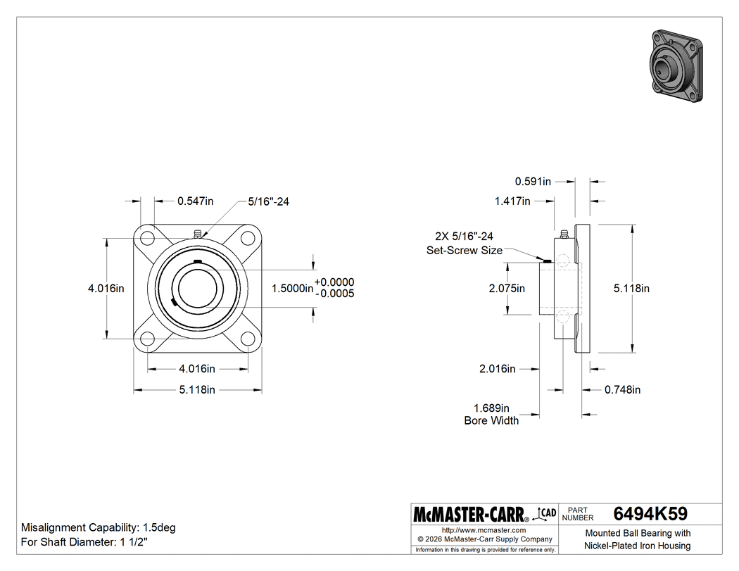 Technical Drawing of Mounted Ball Bearing with Nickel-Plated Iron Housing, Four-Bolt Flange, Set Screw Mount, for 1-1/2" Shaft Diameter.